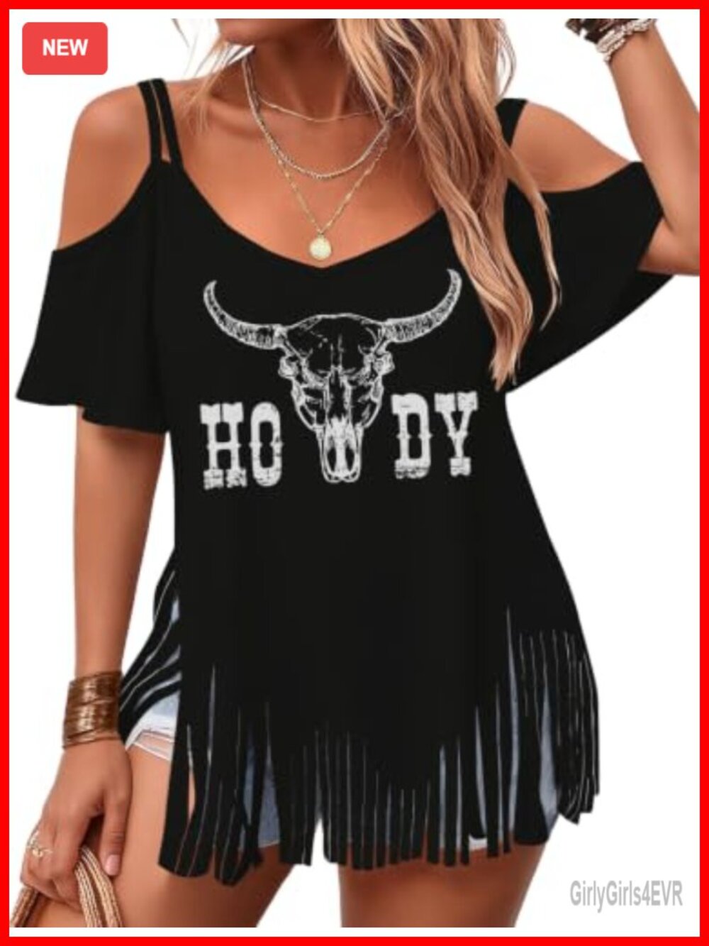Western Cowgirl Fringe Cold Shoulder Top